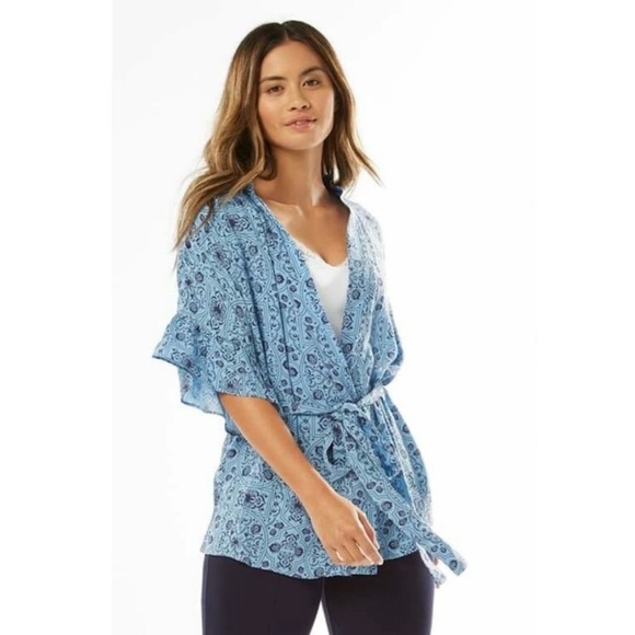 Ruby Ribbon Ruffle Wrap Blue Floral Top - Picture 1 of 13